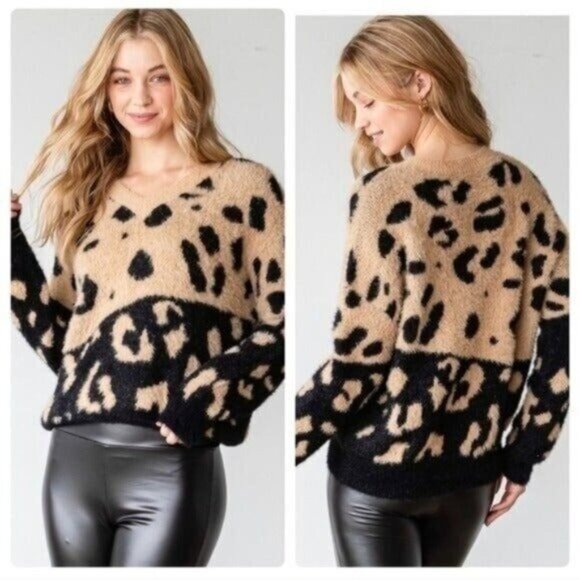 Boutique Sweaters - LEOPARD COZY COLOR BLOCK SWEATER-NEW